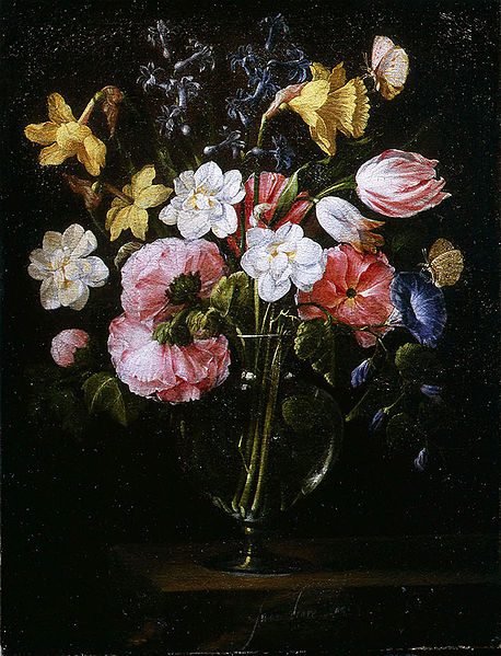 Juan de Arellano Clematis, a Tulip and other flowers in a Glass Vase on a wooden Ledge with a Butterfly